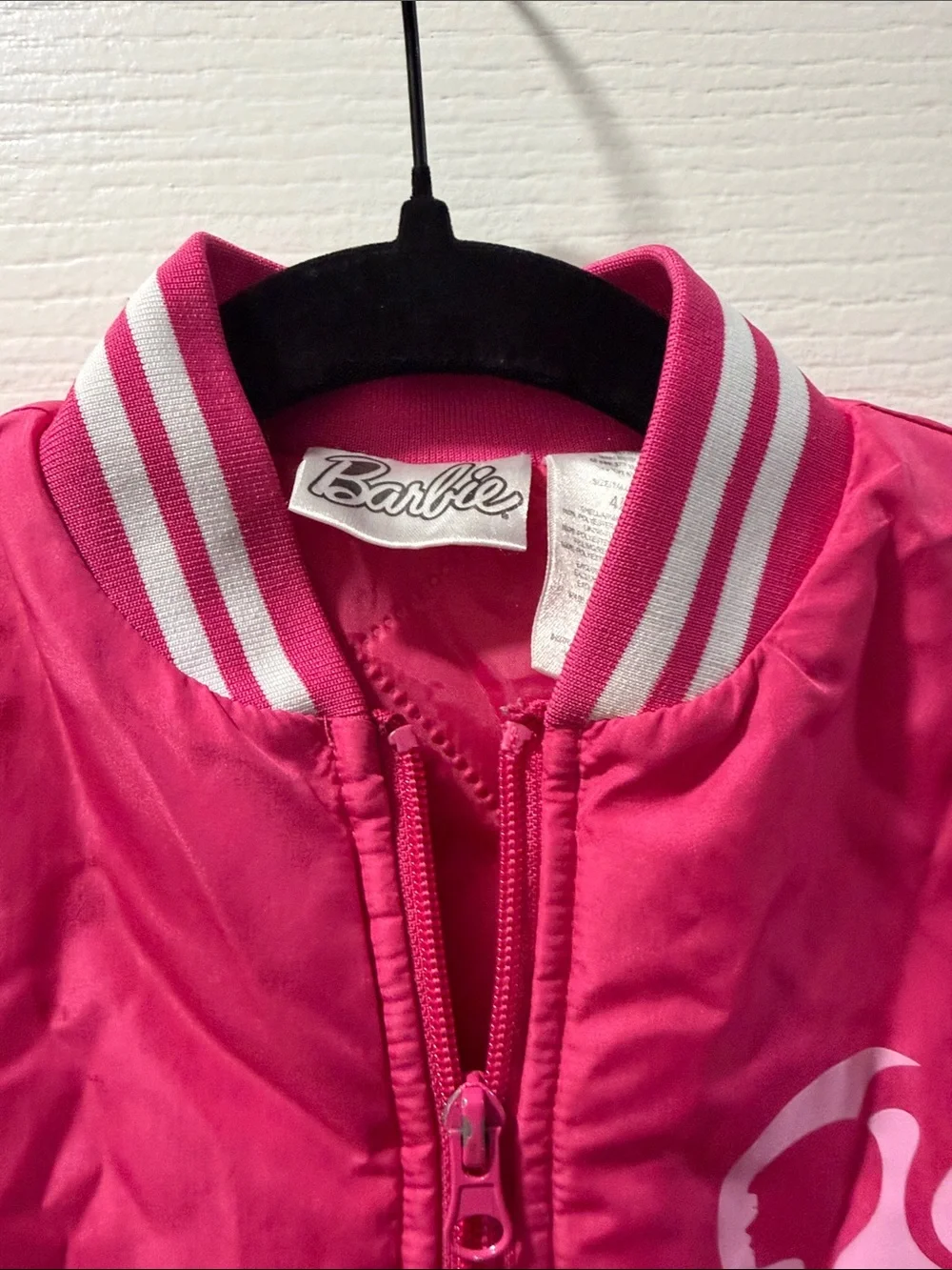 Barbie Hot Pink Kids Puffer Jacket with Striped Trim Size 4-5